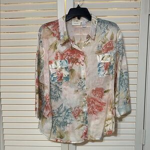 Chico's Floral Button-Front Shirt in Coral, Blue & Cream